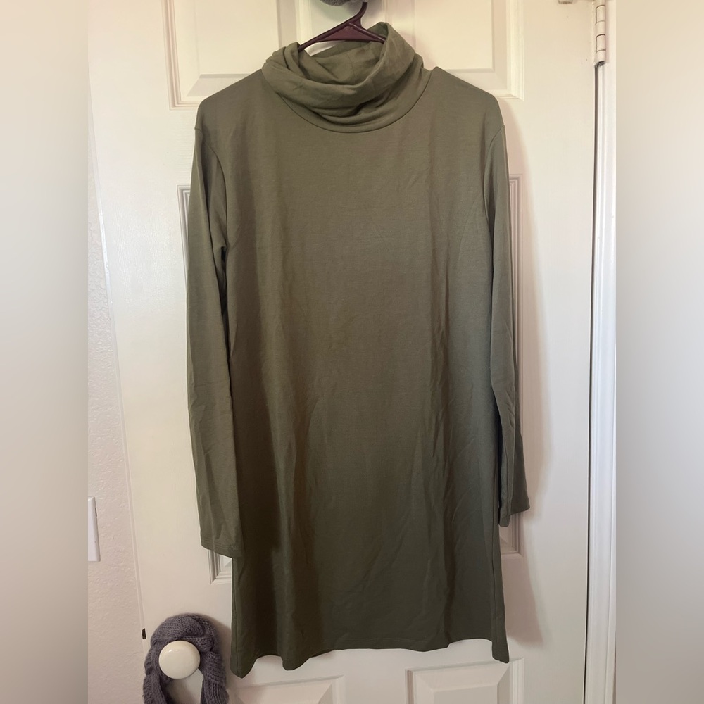 BP women’s mock neck midi minimalist tunic olive green turtleneck dress